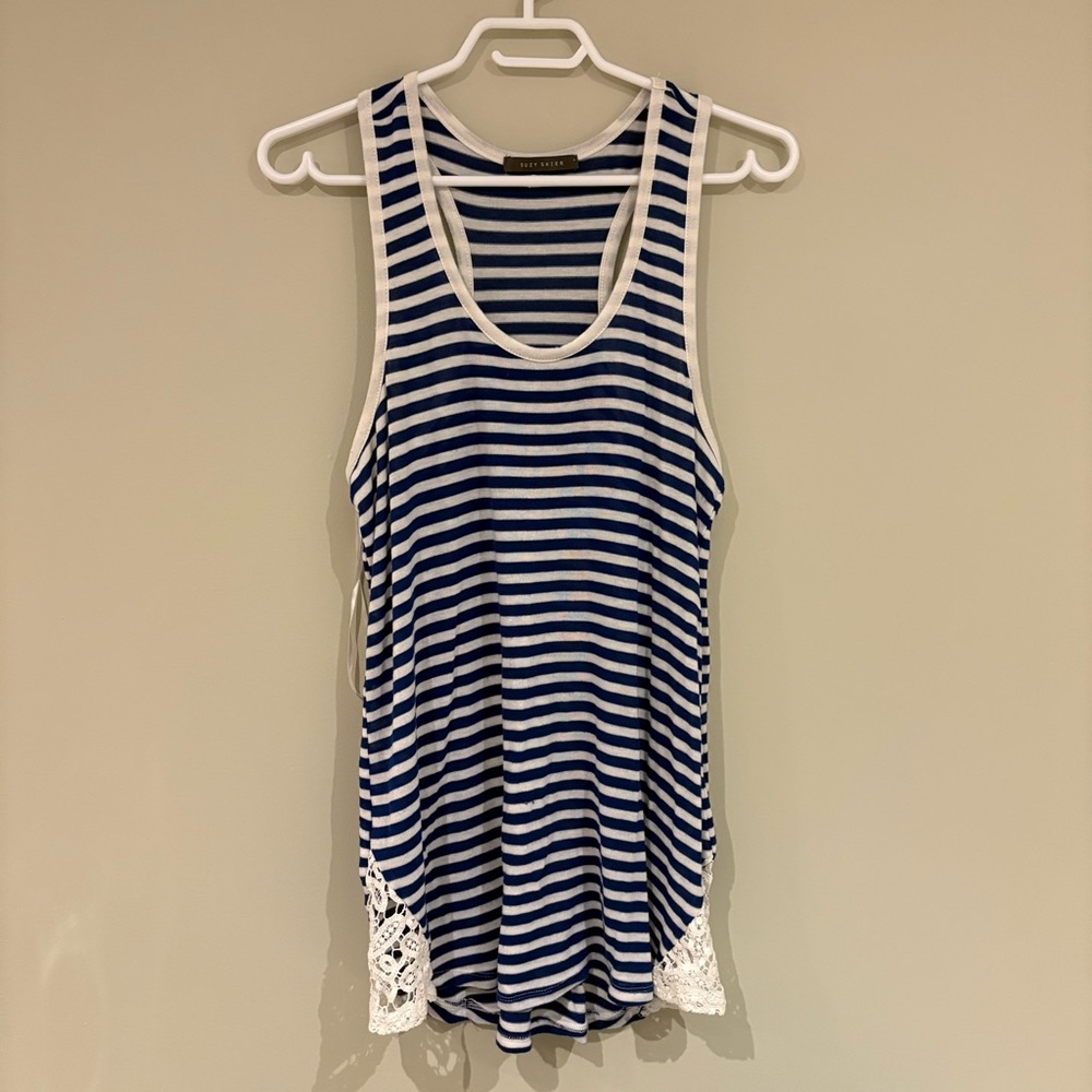 Navy and White Striped Tank Top with Lace sides